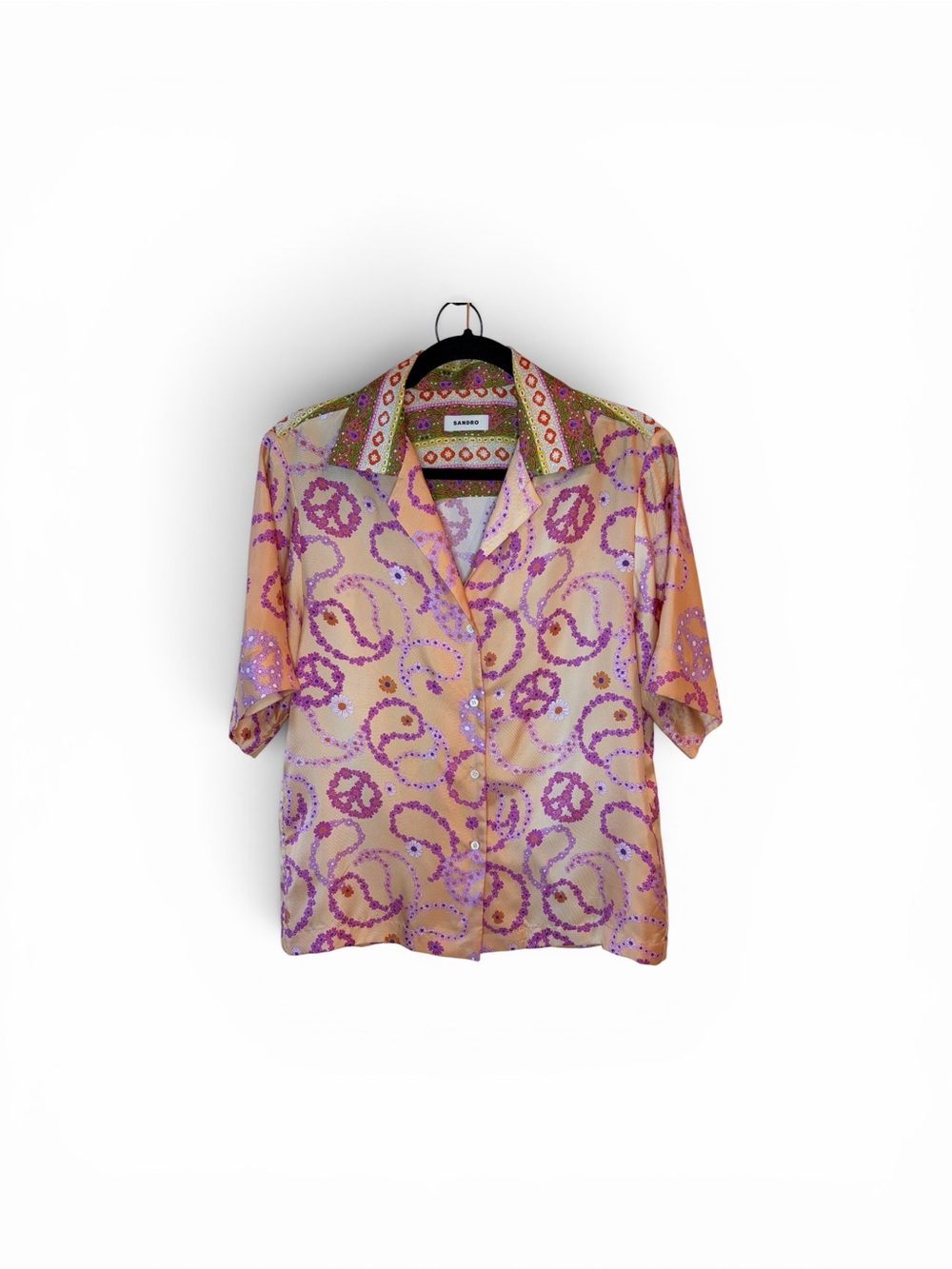 Sandro 100% silk hippy boho button down wirth peace sign pattern